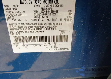 2020 Lincoln Nautilus Reserve z USA, uszkodzony, nr VIN 2LMPJ8K94LBL02965